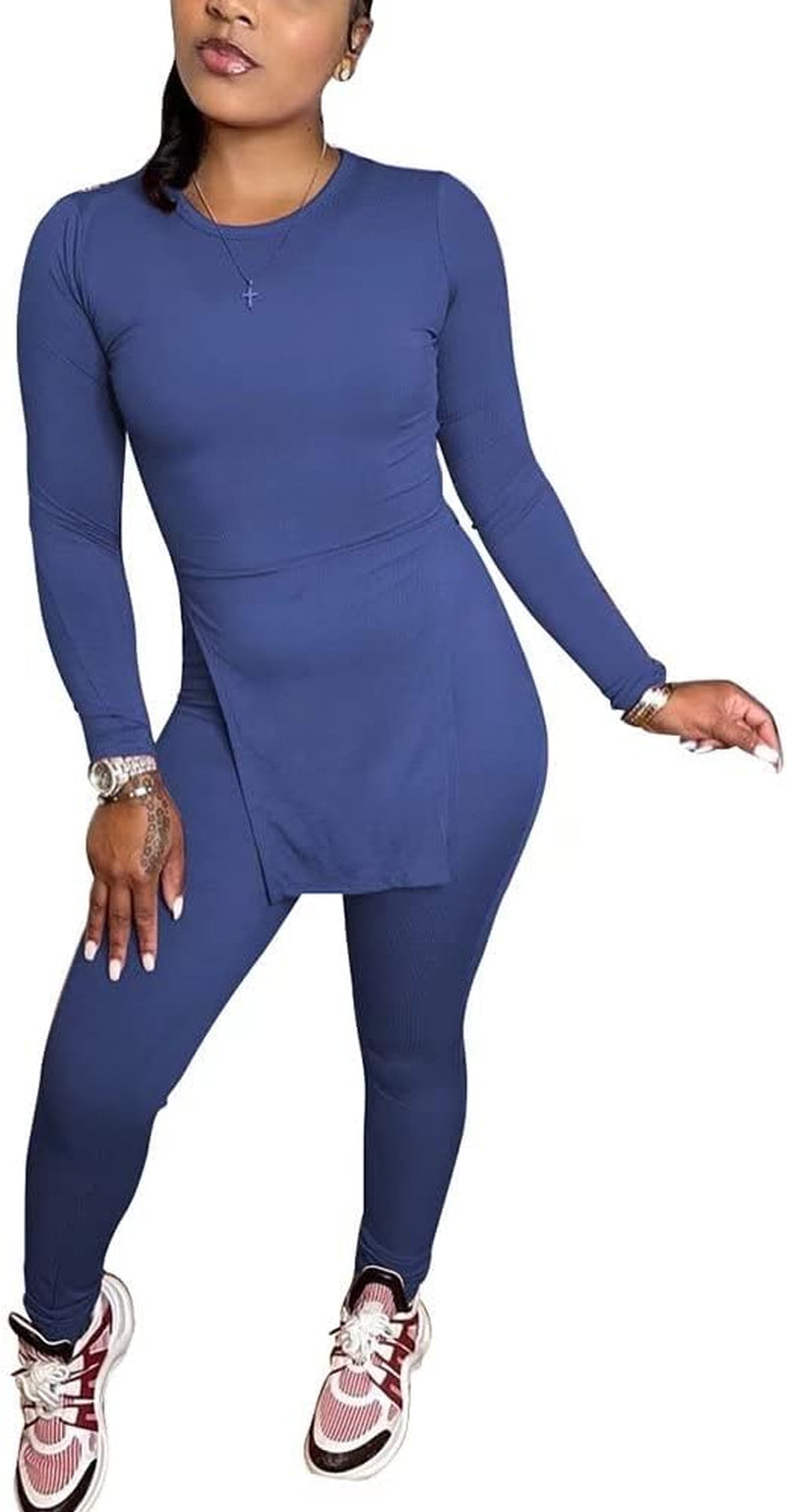 2 Piece Outfits for Women Lounge Sets - Track Suits for Women Set Long Sleeve Casual Side Slit Tops and Bodycon Skinny Long Pants Jogger Sets for Women 2 Piece Workout Sets Tracksuit Blue, M