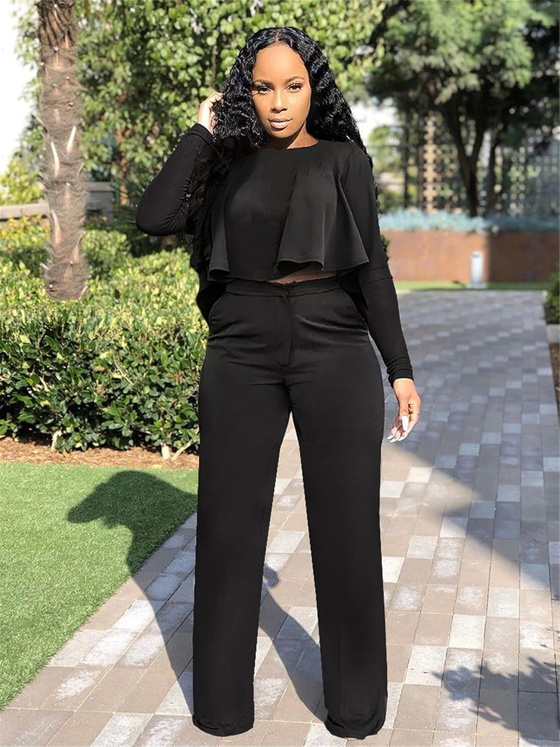Womens 2 Piece Tracksuit Outfits Sexy Long Sleeve Ruffle Crop Tops Casual Long Pants with Pockets Sets Bussiness Office Suits Jumpsuits,Black,M