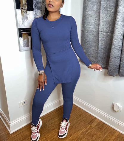 2 Piece Outfits for Women Lounge Sets - Track Suits for Women Set Long Sleeve Casual Side Slit Tops and Bodycon Skinny Long Pants Jogger Sets for Women 2 Piece Workout Sets Tracksuit Blue, M