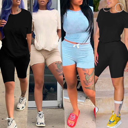 Women'S 2 Piece Casual Fashion Sports Solid Color Suit Short Sleeve Top and Pants Set Sweatshirt