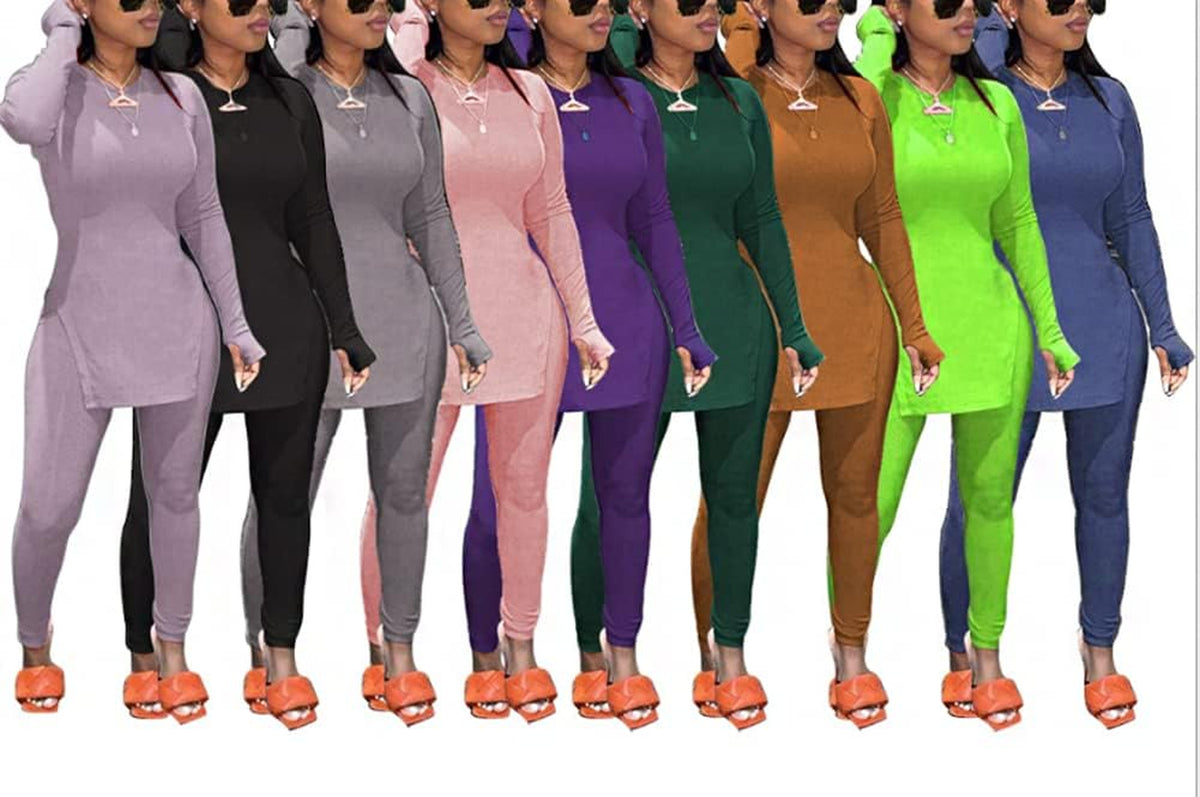 2 Piece Outfits for Women Lounge Sets - Track Suits for Women Set Long Sleeve Casual Side Slit Tops and Bodycon Skinny Long Pants Jogger Sets for Women 2 Piece Workout Sets Tracksuit Blue, M