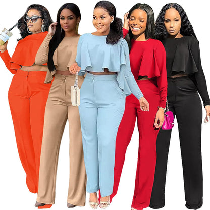 Womens 2 Piece Tracksuit Outfits Sexy Long Sleeve Ruffle Crop Tops Casual Long Pants with Pockets Sets Bussiness Office Suits Jumpsuits,Black,M