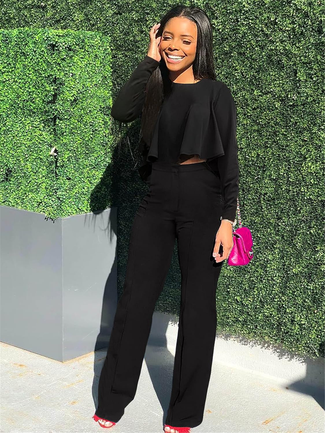 Womens 2 Piece Tracksuit Outfits Sexy Long Sleeve Ruffle Crop Tops Casual Long Pants with Pockets Sets Bussiness Office Suits Jumpsuits,Black,M