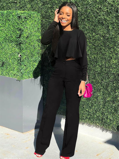 Womens 2 Piece Tracksuit Outfits Sexy Long Sleeve Ruffle Crop Tops Casual Long Pants with Pockets Sets Bussiness Office Suits Jumpsuits,Black,M